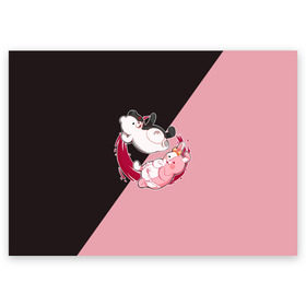 Поздравительная открытка с принтом MONOKUMA X MONOMI в городе Новоалтайск, 100% бумага | плотность бумаги 280 г/м2, матовая, на обратной стороне линовка и место для марки
 | anime | bear | black  white | danganronpa | kurokuma | monodam | monokuma | monomi | monotaro | pink | rabbit | school | shirokuma | аниме | главарь | мoноми | монокума | черно белый | школа