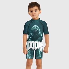 Детский купальный костюм 3D с принтом DOOM в городе Новоалтайск, Полиэстер 85%, Спандекс 15% | застежка на молнии на спине | Тематика изображения на принте: demon | devil | doom | doom vfr | evil | game | mars | red | демон | дум | игры | космос | красная планета | марс | пришельцы