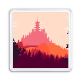 Магнит 55*55 с принтом Firewatch в городе Новоалтайск, Пластик | Размер: 65*65 мм; Размер печати: 55*55 мм | campo santo | firewatch | арт | вечер | вид | горы | закат | игра | лес | озеро | олень | пейзаж | пожарный дозор | солнце | холмы