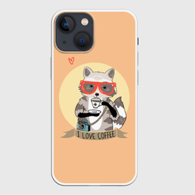 Чехол для iPhone 13 mini с принтом Енот и кофе в городе Новоалтайск,  |  | Тематика изображения на принте: coffee | food | love | racoon | енот | кофе