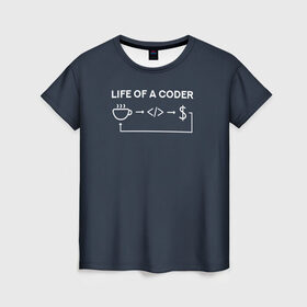 Женская футболка 3D с принтом Life of a coder в городе Новоалтайск, 100% полиэфир ( синтетическое хлопкоподобное полотно) | прямой крой, круглый вырез горловины, длина до линии бедер | coder | деньги | доллары | жизнь | код | кофе | программист | тыжпрограммист | цикл | язык