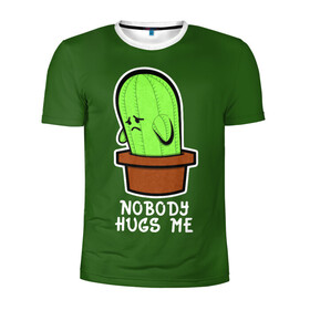 Мужская футболка 3D спортивная с принтом Nobody Hugs Me в городе Новоалтайск, 100% полиэстер с улучшенными характеристиками | приталенный силуэт, круглая горловина, широкие плечи, сужается к линии бедра | cactus | hugs | me | nobody | sad | горшок | горшочек | грусть | кактус | надпись | обнимашки | объятия | печаль | тоска