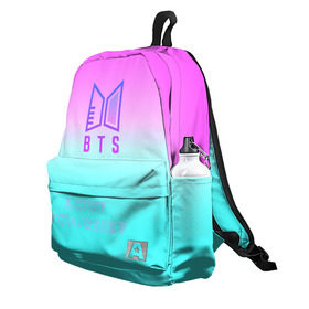 Рюкзак 3D с принтом LOVE YOURSELF BTS в городе Новоалтайск, 100% полиэстер | лямки с регулируемой длиной, сверху петелька, чтобы рюкзак можно было повесить на вешалку. Основное отделение закрывается на молнию, как и внешний карман. Внутри два дополнительных кармана, один из которых закрывается на молнию. По бокам два дополнительных кармашка | bangtan boys | beyond the scene | bts | k pop | music | арэм | ви | джей хоуп | джин | музыка | сюга | чимин | чонгук