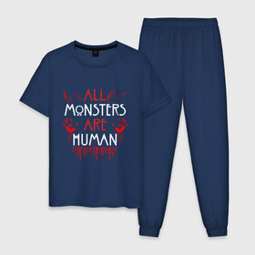 Мужская пижама хлопок с принтом ALL MONSTERS ARE HUMAN в городе Новоалтайск, 100% хлопок | брюки и футболка прямого кроя, без карманов, на брюках мягкая резинка на поясе и по низу штанин
 | all monsters are human | american horror story | blood | американская история ужасов | брызги | кровь | сериал | ужасы