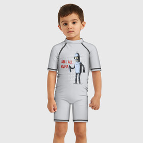 Детский купальный костюм 3D с принтом Bender - Kill all human в городе Новоалтайск, Полиэстер 85%, Спандекс 15% | застежка на молнии на спине | bender | fry | futurama | planet express | бендер | гипножаба | зойдберг | лила | фрай | футурама