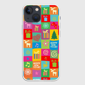 Чехол для iPhone 13 mini с принтом Новогодний коллаж в городе Новоалтайск,  |  | белый | боров | варежки | год | голова | горошек | дед | дерево | домашняя | елка | животное | зима | кабан | клаус | красная | мороз | новый го | ноты | олень | поросенок | пятачок | с новым годом | санта
