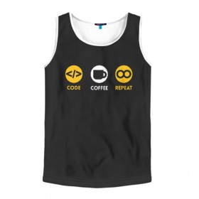 Мужская майка 3D с принтом Code Coffee Repeat в городе Новоалтайск, 100% полиэстер | круглая горловина, приталенный силуэт, длина до линии бедра. Пройма и горловина окантованы тонкой бейкой | Тематика изображения на принте: admin | administrator | calm | code | coder | coding | engineer | job | keep | programmer | администратор | айти | инженер | код | кодинг | программа | программист | профессия | сисадмин
