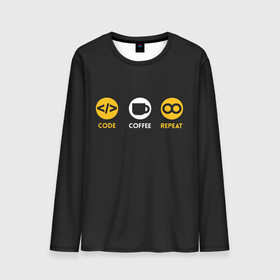 Мужской лонгслив 3D с принтом Code Coffee Repeat в городе Новоалтайск, 100% полиэстер | длинные рукава, круглый вырез горловины, полуприлегающий силуэт | admin | administrator | calm | code | coder | coding | engineer | job | keep | programmer | администратор | айти | инженер | код | кодинг | программа | программист | профессия | сисадмин
