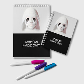Блокнот с принтом American Horror Story в городе Новоалтайск, 100% бумага | 48 листов, плотность листов — 60 г/м2, плотность картонной обложки — 250 г/м2. Листы скреплены удобной пружинной спиралью. Цвет линий — светло-серый
 | Тематика изображения на принте: ahs | american horror story | американская история ужасов | демон | краска | лицо | макияж | монашка | черные глаза