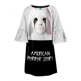 Детское платье 3D с принтом American Horror Story в городе Новоалтайск, 100% полиэстер | прямой силуэт, чуть расширенный к низу. Круглая горловина, на рукавах — воланы | ahs | american horror story | американская история ужасов | демон | краска | лицо | макияж | монашка | черные глаза