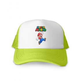 Кепка тракер с сеткой с принтом SUPER MARIO в городе Новоалтайск, трикотажное полотно; задняя часть — сетка | длинный козырек, универсальный размер, пластиковая застежка | super mario | денди | игра | марио | сега
