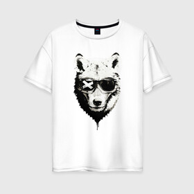Женская футболка хлопок Oversize с принтом wolf with glasses в городе Новоалтайск, 100% хлопок | свободный крой, круглый ворот, спущенный рукав, длина до линии бедер
 | wolf | волк | волк в очках | голова | животное | животное в очках | зверь. | мода | модное | очки | пес | собака | хипстер