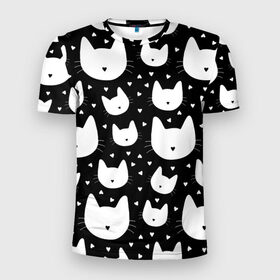 Мужская футболка 3D спортивная с принтом Love Cats Pattern в городе Новоалтайск, 100% полиэстер с улучшенными характеристиками | приталенный силуэт, круглая горловина, широкие плечи, сужается к линии бедра | белый | кот | котенок | котэ | котя | котята | кошка | любовь | мимими | паттерн | сердечки | сердце | силуэт | черный | я люблю кошек