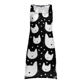 Платье-майка 3D с принтом Love Cats Pattern в городе Новоалтайск, 100% полиэстер | полуприлегающий силуэт, широкие бретели, круглый вырез горловины, удлиненный подол сзади. | белый | кот | котенок | котэ | котя | котята | кошка | любовь | мимими | паттерн | сердечки | сердце | силуэт | черный | я люблю кошек