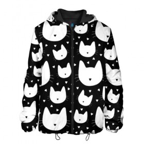 Мужская куртка 3D с принтом Love Cats Pattern в городе Новоалтайск, ткань верха — 100% полиэстер, подклад — флис | прямой крой, подол и капюшон оформлены резинкой с фиксаторами, два кармана без застежек по бокам, один большой потайной карман на груди. Карман на груди застегивается на липучку | белый | кот | котенок | котэ | котя | котята | кошка | любовь | мимими | паттерн | сердечки | сердце | силуэт | черный | я люблю кошек