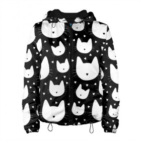 Женская куртка 3D с принтом Love Cats Pattern в городе Новоалтайск, ткань верха — 100% полиэстер, подклад — флис | прямой крой, подол и капюшон оформлены резинкой с фиксаторами, два кармана без застежек по бокам, один большой потайной карман на груди. Карман на груди застегивается на липучку | белый | кот | котенок | котэ | котя | котята | кошка | любовь | мимими | паттерн | сердечки | сердце | силуэт | черный | я люблю кошек