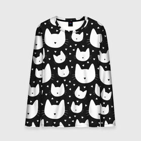 Мужской лонгслив 3D с принтом Love Cats Pattern в городе Новоалтайск, 100% полиэстер | длинные рукава, круглый вырез горловины, полуприлегающий силуэт | белый | кот | котенок | котэ | котя | котята | кошка | любовь | мимими | паттерн | сердечки | сердце | силуэт | черный | я люблю кошек
