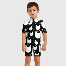 Детский купальный костюм 3D с принтом Love Cats Pattern в городе Новоалтайск, Полиэстер 85%, Спандекс 15% | застежка на молнии на спине | белый | кот | котенок | котэ | котя | котята | кошка | любовь | мимими | паттерн | сердечки | сердце | силуэт | черный | я люблю кошек