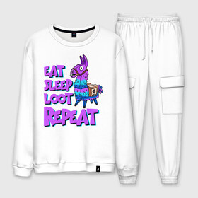 Мужской костюм хлопок с принтом Eat Sleep Loot Repeat в городе Новоалтайск, 100% хлопок | на свитшоте круглая горловина, мягкая резинка по низу. Брюки заужены к низу, на них два вида карманов: два “обычных” по бокам и два объемных, с клапанами, расположенные ниже линии бедра. Брюки с мягкой трикотажной резинкой на поясе и по низу штанин. В поясе для дополнительного комфорта — широкие завязки | Тематика изображения на принте: fortnite | fortnite battle royale | lama | лама | фортнайт