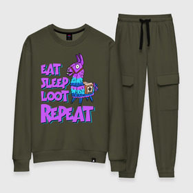 Женский костюм хлопок с принтом Eat, Sleep, Loot, Repeat в городе Новоалтайск, 100% хлопок | на свитшоте круглая горловина, мягкая резинка по низу. Брюки заужены к низу, на них два вида карманов: два 