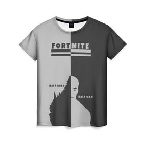 Женская футболка 3D с принтом Человек-Куст Fortnite в городе Новоалтайск, 100% полиэфир ( синтетическое хлопкоподобное полотно) | прямой крой, круглый вырез горловины, длина до линии бедер | battle | bush | fortnite | half | man | ninja | royale | битва | кефир | королевская | куст | наполовину | нинздя | победа | форт | фортнайт | форточка | человек