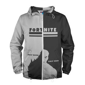 Мужская ветровка 3D с принтом Человек-Куст Fortnite в городе Новоалтайск, 100% полиэстер | подол и капюшон оформлены резинкой с фиксаторами, два кармана без застежек по бокам, один потайной карман на груди | Тематика изображения на принте: battle | bush | fortnite | half | man | ninja | royale | битва | кефир | королевская | куст | наполовину | нинздя | победа | форт | фортнайт | форточка | человек