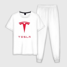 Мужская пижама хлопок с принтом TESLA в городе Новоалтайск, 100% хлопок | брюки и футболка прямого кроя, без карманов, на брюках мягкая резинка на поясе и по низу штанин
 | brand | car | elon mask | tesla | авто | бренд | илон | илон маск | маск | машина | тесла | электрокар