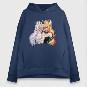 Женское худи Oversize хлопок с принтом Bowsette and Booette в городе Новоалтайск, френч-терри — 70% хлопок, 30% полиэстер. Мягкий теплый начес внутри —100% хлопок | боковые карманы, эластичные манжеты и нижняя кромка, капюшон на магнитной кнопке | booette | bowser | bowsette | bros | luigi | mario | nintendo | super | боузер | боузетта | купа | луиджи | марио | супер