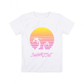 Детская футболка хлопок с принтом Retro sunrise в городе Новоалтайск, 100% хлопок | круглый вырез горловины, полуприлегающий силуэт, длина до линии бедер | Тематика изображения на принте: retro | sunrise | пальмы | розовый | солнце