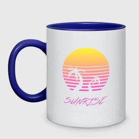Кружка двухцветная с принтом Retro sunrise в городе Новоалтайск, керамика | объем — 330 мл, диаметр — 80 мм. Цветная ручка и кайма сверху, в некоторых цветах — вся внутренняя часть | retro | sunrise | пальмы | розовый | солнце