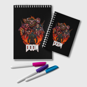 Блокнот с принтом DooM в городе Новоалтайск, 100% бумага | 48 листов, плотность листов — 60 г/м2, плотность картонной обложки — 250 г/м2. Листы скреплены удобной пружинной спиралью. Цвет линий — светло-серый
 | doom | doom 3 | doom slayer | doomguy | hell walker | unchained predator | ад | боец | демоны | дум | космос | марс | мясо | палач рока | пехотинец | солдат рока