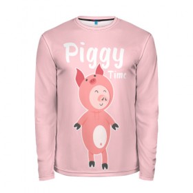 Мужской лонгслив 3D с принтом Piggy Time в городе Новоалтайск, 100% полиэстер | длинные рукава, круглый вырез горловины, полуприлегающий силуэт | 2019 | merry christmas | new year | год свиньи | зима | новый год | поросенок | праздник | рождество | свинка | свинья