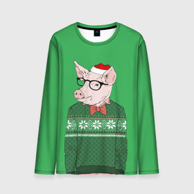 Мужской лонгслив 3D с принтом New Year Hipster Pig в городе Новоалтайск, 100% полиэстер | длинные рукава, круглый вырез горловины, полуприлегающий силуэт | 2019 | merry christmas | new year | год свиньи | зима | новый год | поросенок | праздник | рождество | свинка | свинья