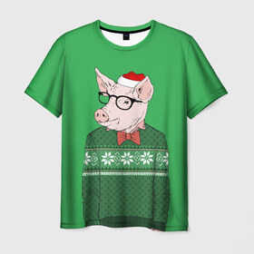 Мужская футболка 3D с принтом New Year Hipster Pig в городе Новоалтайск, 100% полиэфир | прямой крой, круглый вырез горловины, длина до линии бедер | Тематика изображения на принте: 2019 | merry christmas | new year | год свиньи | зима | новый год | поросенок | праздник | рождество | свинка | свинья