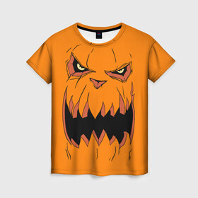 Женская футболка 3D с принтом Halloween в городе Новоалтайск, 100% полиэфир ( синтетическое хлопкоподобное полотно) | прямой крой, круглый вырез горловины, длина до линии бедер | halloween | orange | pumpkin | scary | оранжевая | страшная | тыква | ужас | хэллоуин