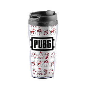 Термокружка-непроливайка с принтом Новогодний PUBG в городе Новоалтайск, внутренняя часть — пищевой пластик, наружная часть — прозрачный пластик, между ними — полиграфическая вставка с рисунком | объем — 350 мл, герметичная крышка | Тематика изображения на принте: battle | chicken | dinner | winner | битва | год | королевская | новый | подарок | снеговик