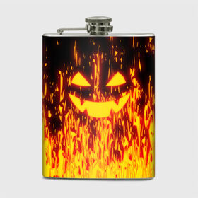 Фляга с принтом FIRE PUMPKIN в городе Новоалтайск, металлический корпус | емкость 0,22 л, размер 125 х 94 мм. Виниловая наклейка запечатывается полностью | Тематика изображения на принте: fire | halloween | искры | огонь | праздник | тыква | хэллоуин