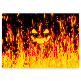 Поздравительная открытка с принтом FIRE PUMPKIN в городе Новоалтайск, 100% бумага | плотность бумаги 280 г/м2, матовая, на обратной стороне линовка и место для марки
 | fire | halloween | искры | огонь | праздник | тыква | хэллоуин