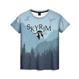 Женская футболка 3D с принтом TES SKYRIM в городе Новоалтайск, 100% полиэфир ( синтетическое хлопкоподобное полотно) | прямой крой, круглый вырез горловины, длина до линии бедер | christmas | dovahkiin | dragon | dragonborn | fus ro dah | rpg | skyrim | snow | tes | the elder scrolls | winter is coming | докавин | драконы | новогодний | новый год | рпг | снег