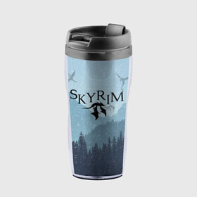 Термокружка-непроливайка с принтом TES SKYRIM  в городе Новоалтайск, внутренняя часть — пищевой пластик, наружная часть — прозрачный пластик, между ними — полиграфическая вставка с рисунком | объем — 350 мл, герметичная крышка | christmas | dovahkiin | dragon | dragonborn | fus ro dah | rpg | skyrim | snow | tes | the elder scrolls | winter is coming | докавин | драконы | новогодний | новый год | рпг | снег