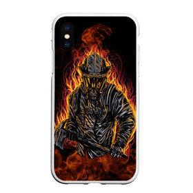 Чехол для iPhone XS Max матовый с принтом Пожарный в городе Новоалтайск, Силикон | Область печати: задняя сторона чехла, без боковых панелей | 112 | каска | мужик | мчс | огонь | пламя | пожар | пожарник | спасатель | топор | тушить | шлем | щит