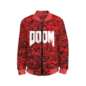 Детский бомбер 3D с принтом DOOM в городе Новоалтайск, 100% полиэстер | застегивается на молнию, по бокам два кармана без застежек, мягкие манжеты, по низу бомбера и на воротнике — эластичная резинка | devil | doom | hell | mark of the doom slayer | slayer | ад | гарнил | дум | знаки | иероглифы | компьютерные игры 2019 | преисподняя | символ | солдат