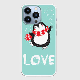 Чехол для iPhone 13 Pro с принтом Пингвин LOVE в городе Новоалтайск,  |  | Тематика изображения на принте: linux | детская | зима | зимняя | лёд | новый год | пингвин | пингвин в снегу | пингвин в шарфе | пингвин любовь | пингвинчик | пингвины | северный полюс | снег | холод