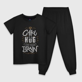 Детская пижама хлопок с принтом Coffee is a hug for you brain в городе Новоалтайск, 100% хлопок |  брюки и футболка прямого кроя, без карманов, на брюках мягкая резинка на поясе и по низу штанин
 | brain | coffe | coffee is a hug for you brain | каллиграфия | кофе | минимализм | мозг | надпись | текст | фраза | шрифт