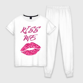 Женская пижама хлопок с принтом Kiss me в городе Новоалтайск, 100% хлопок | брюки и футболка прямого кроя, без карманов, на брюках мягкая резинка на поясе и по низу штанин | блеск | губы | поцелуй | розовый