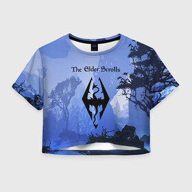 Женская футболка Cropp-top с принтом The Elder Scrolls в городе Новоалтайск, 100% полиэстер | круглая горловина, длина футболки до линии талии, рукава с отворотами | art game | art skyrim | forest | game | skyrim | the elder scrolls v skyrim | горы | довакин | древние свитки | игра | лес | небо | скайрим