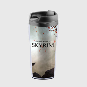 Термокружка-непроливайка с принтом The Elder Scrolls SKYRIM 5 в городе Новоалтайск, внутренняя часть — пищевой пластик, наружная часть — прозрачный пластик, между ними — полиграфическая вставка с рисунком | объем — 350 мл, герметичная крышка | art game | art skyrim | forest | game | skyrim | the elder scrolls v skyrim | горы | довакин | древние свитки | игра | лес | небо | скайрим