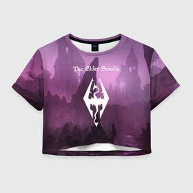 Женская футболка Cropp-top с принтом The Elder Scrolls в городе Новоалтайск, 100% полиэстер | круглая горловина, длина футболки до линии талии, рукава с отворотами | art game | art skyrim | forest | game | skyrim | the elder scrolls v skyrim | горы | довакин | древние свитки | игра | лес | небо | скайрим