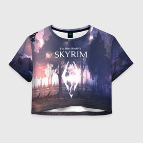 Женская футболка Cropp-top с принтом The Elder Scrolls в городе Новоалтайск, 100% полиэстер | круглая горловина, длина футболки до линии талии, рукава с отворотами | art game | art skyrim | forest | game | skyrim | the elder scrolls v skyrim | горы | довакин | древние свитки | игра | лес | небо | скайрим