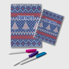 Блокнот с принтом НОВОГОДНИЙ FORTNITE в городе Новоалтайск, 100% бумага | 48 листов, плотность листов — 60 г/м2, плотность картонной обложки — 250 г/м2. Листы скреплены удобной пружинной спиралью. Цвет линий — светло-серый
 | Тематика изображения на принте: battle | fortnite | new | royale | year | битва | вязанный | год | ёлки | ёлочки | зима | зимний | королевская | новогодний | новый | свитер | снежинки | форт | фортнайт | форточка